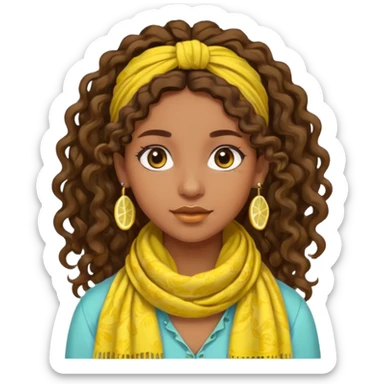 bohemian girl with brown skin, long curly brown hair tied up, lemon yellow scarf, round earrings sticker