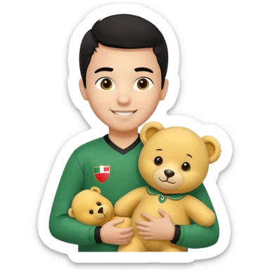 Une garçon qui a les cheveux noir qui sourit il a un maillot de l’algerie et qui a un doudou jaune sur son epaule un ours jaune qui a des habille noir sticker