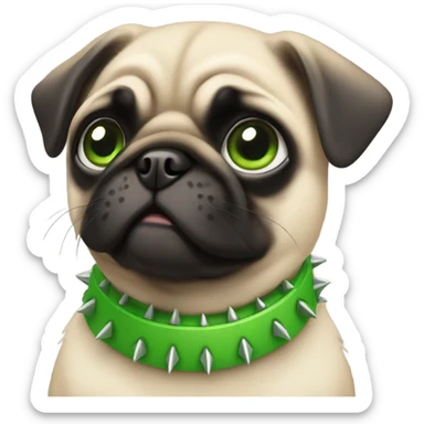 Baby pug with big green eyes and spikey green collar  sticker