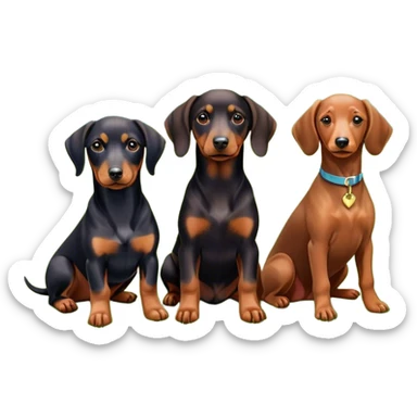 Close-up of a Doberman Pinscher, a Dachshund and a Poodle sitting together on lush green grass. The background features a beautiful, serene nature view with rolling hills and bright blue skies. The dogs' sleek coats shine under the sun. Transparent background. sticker