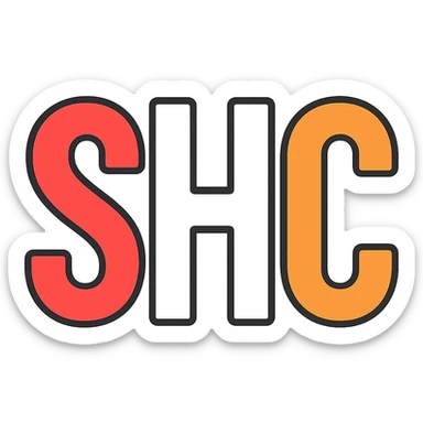 Adjust the letters S, H, and C so that S is bright red, H is pure white, and C is vivid orange. Make all three letters the same size and height, bold and clean, on a transparent background. sticker