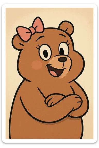 adorable cartoon bear with a pink bow on one ear, simple cheerful style sticker