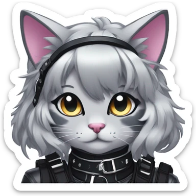 Gorgeous sparkly shiny dark techwear anime style anthro cat with blushing face aesthetic and pretty edgy black with collar and harness trending style sticker