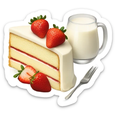 Slice vanilla cake with strawberrieson top at plate and milk at glass sticker