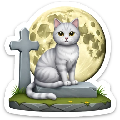 grau weiße Katze bei vollmond auf dem friedhof neben einem grabstein sticker