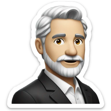 Portrait of a distinguished man with short salt-and-pepper hair, a neat beard, wearing a dark suit and white shirt, with a confident, warm expression and a softly blurred background. sticker