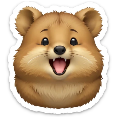 cinematic-realistic  yawning quokka-emoji,-small-round-frame, head tilted in an endearing manner, wouth wide open yawning, sleepy comical smile, round fluffy cheeks, giant-fluffy-cheeks-large-smile-fluffy-brown-fur-radiating-a-warm-softness,-big-round-eyes-filled-with-joy, realistic round  fluffy zoomed in, large black eyes one paw raised in the air sticker