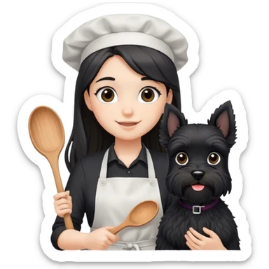 pale smiling girl baking with long back hair wearing black long shirt wearing apron holding black  schnauzer sticker