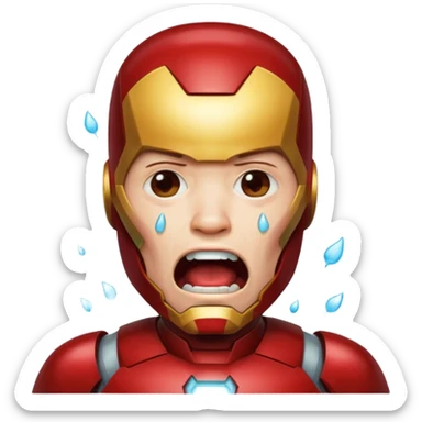 Create a man in an Iron Man costume who is crying with his mouth open and tears flowing sticker