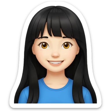 pretty white girl with long black hair and thick bangs, smiling expression, emoji style sticker