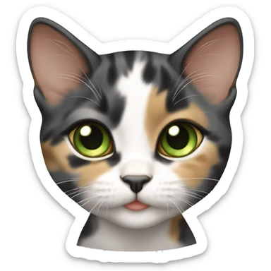 young diluted calico kitten, white mouth, green eyes, tan spot forehead sticker