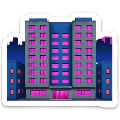 Soviet-style apartment block at night, stark concrete silhouette against dark blue night sky, single window emitting vibrant pink ultraviolet light, ghetto ambience sticker