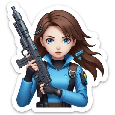 Neon cyberpunk style 
girl with brown hair and blue eyes 
shoots sticker