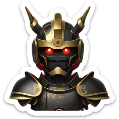 robot samurai with red eyes and gold horns on samurai-style, black colored helmet sticker