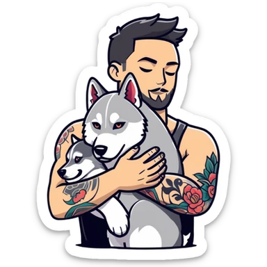 Tattooed arms man hugging a husky sticker