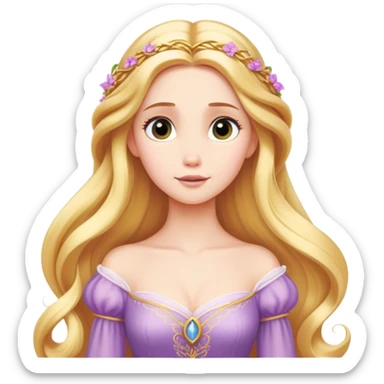 Cinematic Timeless Rapunzel Portrait Emoji, rendered in a clean, vector style. Depict Rapunzel with porcelain skin, beautifully styled long golden hair, and a serene, graceful expression, dressed in her classic gown. The design features bold, clean lines, a soft, magical glow, and a subtle glowing outline that captures her timeless, fairy-tale beauty. sticker
