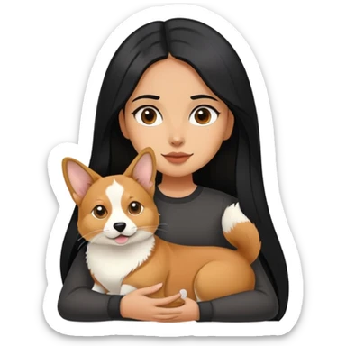 The girl with long black hair holding a corgi and a Abyssinian cat sticker