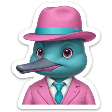 cute light blue turqiouse platypus head with a detective hat and monocle on his eye, no  hands, looks like a platypus but blue, the hat and suit are pink sticker