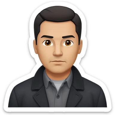 Strong built middle-aged Hispanic man with tan complexion, short black straight hair combed back with faded sides, square masculine face with defined jawline, wearing black coat and gray button-up shirt tucked in sticker