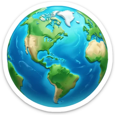 A 3D emoji in iOS emoji aesthetic style of planet Earth, showing blue oceans and green continents, soft glow effect, glossy surface, minimal white background, realistic Apple-style lighting sticker