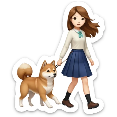 A girl with long brown hair and a skirt walking a Shiba Inu sticker