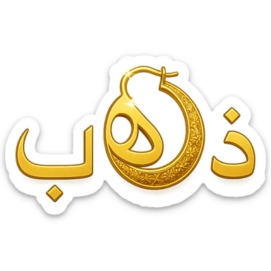 logo for a jewelry website, the word 'ذهب' in clear font, the letter 'هاء' designed as a decorated golden hoop, golden colors with shiny effects, modern and luxurious style sticker