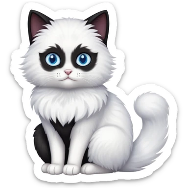 black cat with blue eyes, fluffy, white chest and white face sticker