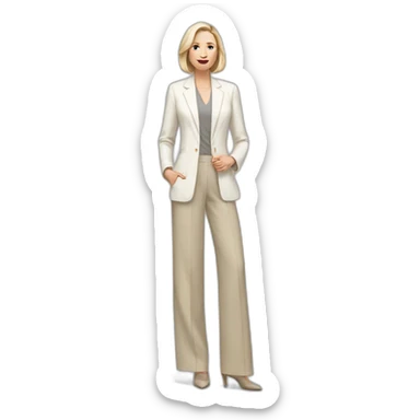 Full height Actively gesturing with hands pale skin woman with ash blonde Straightened bob Hair, White Spacious classical jacket, beige palazzo Arrow pants and gray blouse sticker
