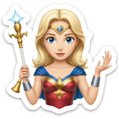 Blonde blue eyed Wonder Woman holding white orchestra conductor’s baton and bell  sticker