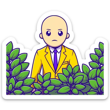 Man in a yellow suit looking suspicious while hiding in a bush, shifty eyes sticker
