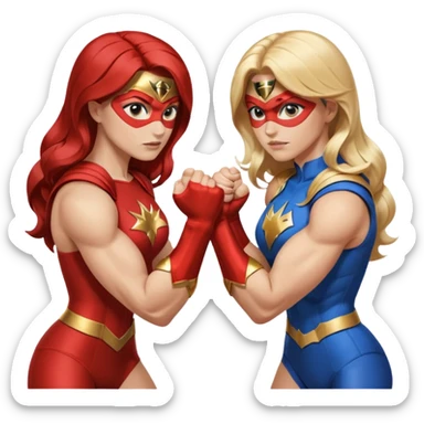 2 women superheroes arm wrestling each other sticker