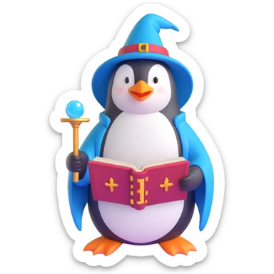 penguin wizard reading from an ancient spellbook in 3D style sticker