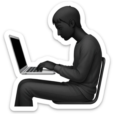 Minimalistic flat vector icon, iOS style, thin black contour on white background. Person silhouette sitting with a laptop, code brackets <> on the screen. Clean, no te sticker