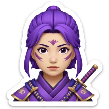 A purple samurai warrior with scars all over her face sticker