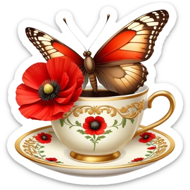 A warm-toned still life featuring a delicate brown butterfly resting near a red poppy flower and an ornate gold coffee cup. The composition exudes a vintage charm, bathed in soft golden light. sticker