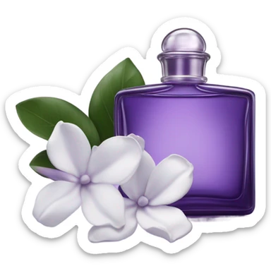 Aesthetic view of violet gardenias with a classic violet perfume bottle.
 sticker