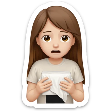 a pretty bratz fair girl crying in a loose oversized off white tshirt  with long brown hair with a tissue box sticker