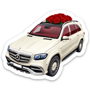 Side angle of White Mercedes Maybach GLS 600 with red roses on the hood sticker