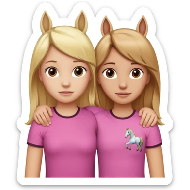 Two Girls with their arms around each other at summer camp one blonde one brown hair brown hair wearing pink horse shirt no horse ears sticker