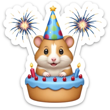 A hamster celebrating a birthday by throwing fireworks in front of a cake. sticker