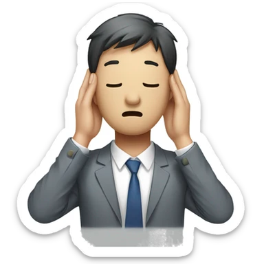 Korean office worker man covering his head, with his back bent, sore neck, stressed expression sticker