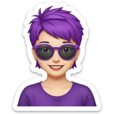 girl with short messy purple hair and sunglasses above head sticker