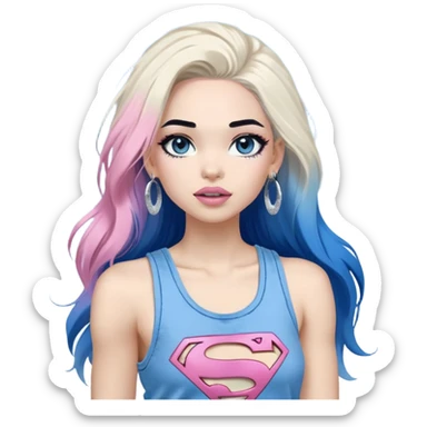 LargeFull body-really excited expression-very-beautiful-face-white ripped cargo pants-light-pink-lips-very long-very-straight-dark-blue-ombre-hair-and-blue-eyes-thick-black-eyeliner-thick-long-eyelashes-sky-blue-superman-tank-top-with-glitter-and-silver-hoop-earrings sticker