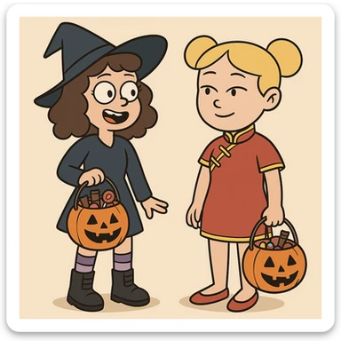 girl brown classic curls hair blue witch a witch costume purple stripes socks black boots girl yellow hair Chinese Girl Costume Red Oriental Dress red shoes some trick or treats  sticker