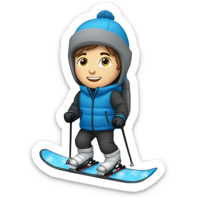 White boy with brown hair skiing on blue skis. Wearing a light gray coat. And a pair of black snow pants.  sticker