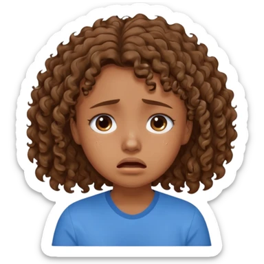 young curly hair girl, brown hair, with a blue shirt, in despair crying sticker