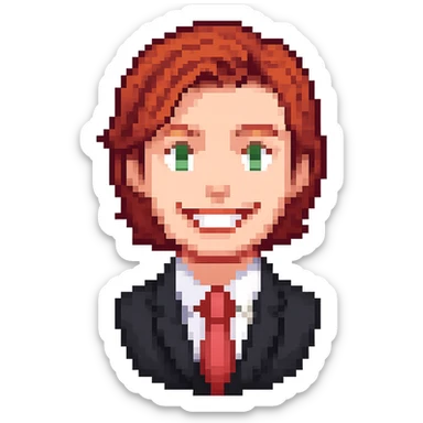 Headshot of a red-haired man in a black suit with a red tie, smiling, showing only the head and a bit of the torso, no beard, pixel art style, with no background. Use pixel art style as a reference for the general editor. sticker