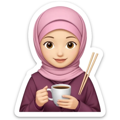 A hijabi girl with light pink hijab and tanned skin holding coffee in one hand and chopsticks in other. Only upper portion of the body shown in IOS format sticker