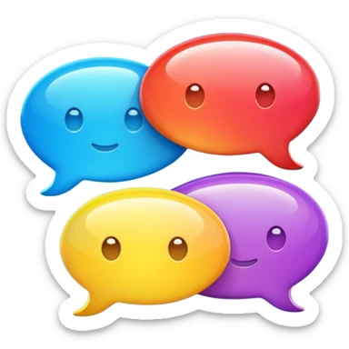 Create an emoji-style icon with two overlapping chat bubbles and a small phone or info symbol, representing ‘Contact Us’. Cute, colorful, rounded design sticker