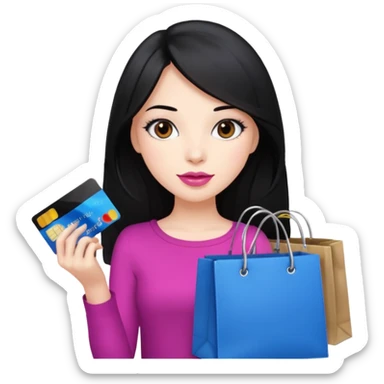 Girl with long black hair, pink lipstick, brown eyes holding shopping bags and blue credit card sticker